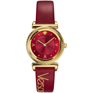 Versace V-Motif Vintage Mặt Tròn Viền Vàng Dây Da Màu Đỏ VERE00418